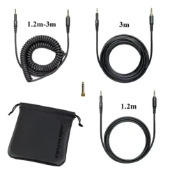 Audio-Technica ATH-M50x komplektis olevad kaablid, transpordikott ja adapter
