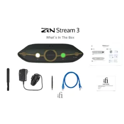 iFi Zen Stream 3komplektis olevad lisad - toiteadapter, võrgukaabel, juhend