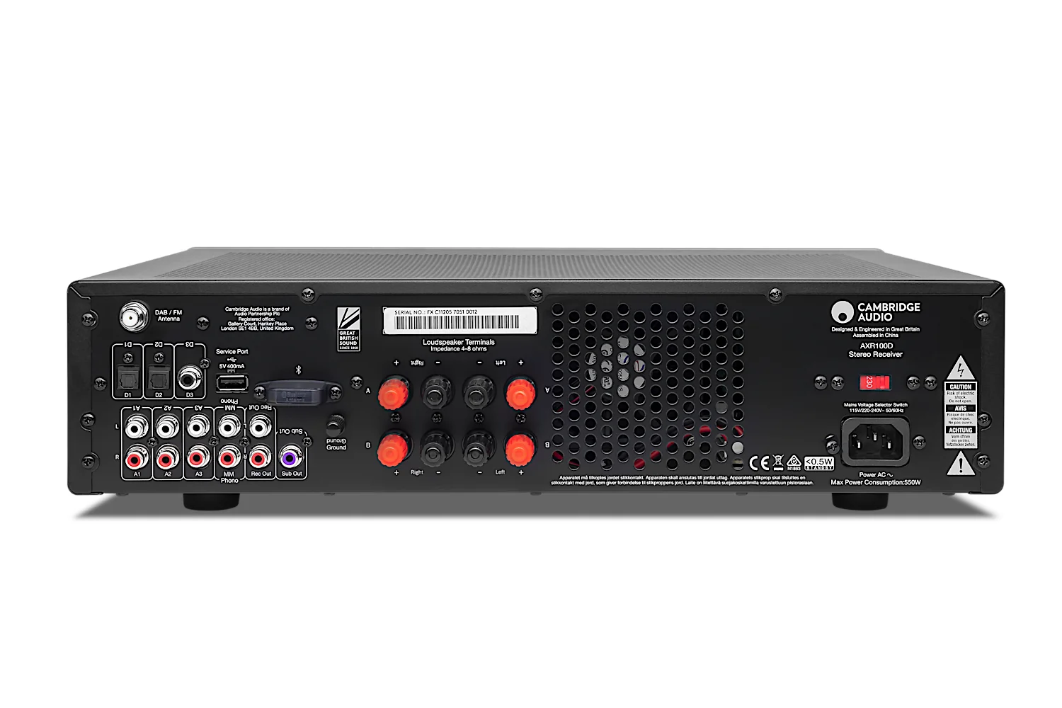 Cambridge Audio AXR100D FM/DAB+ tuuneriga stereoressiiveri tagapaneel - sellel on 2 paari kõlarite õhendused, optilised ja koaksiaalsed digisisendid, MM-tüüpi phonosisend